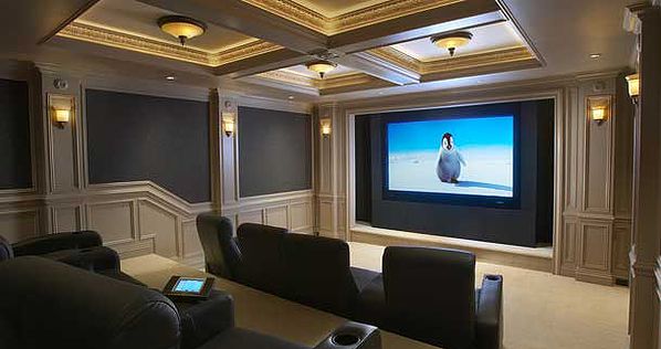 A home theater setup with movie playing